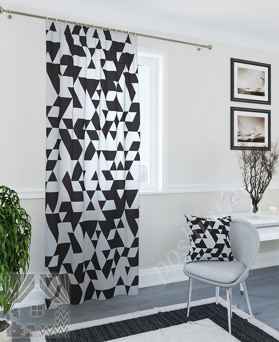 Черно-белые портьеры с геометрическим принтом для гостиной или офиса