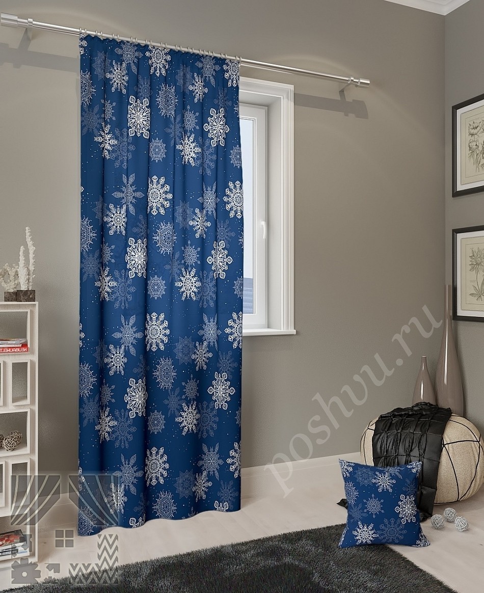Очаровательные синие портьеры с белыми снежинками для гостиной или спальни