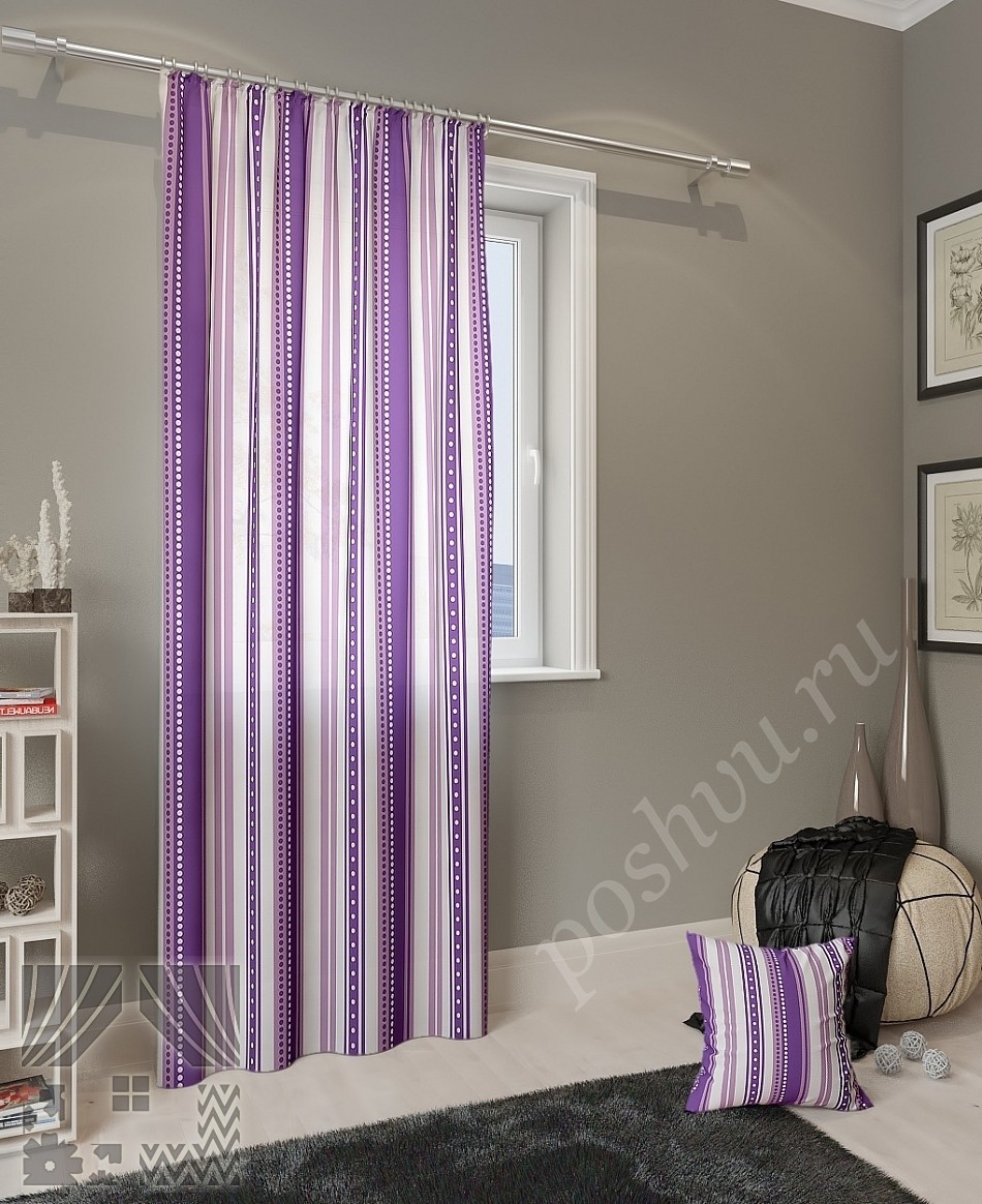 Оригинальные портьеры в бело-фиолетовую полоску для гостиной или спальни