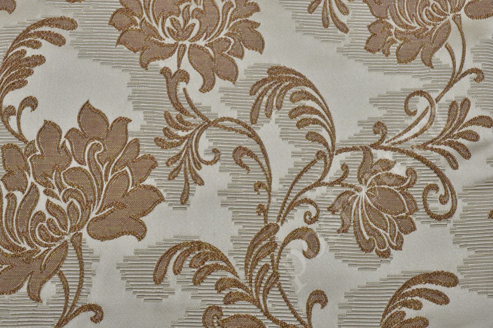 Ткань для мебели жаккард кремового цвета с коричневым цветочным узором