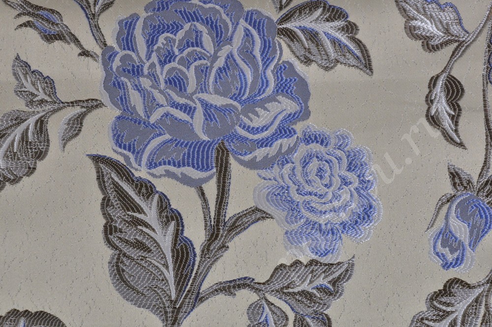 Ткань для мебели жаккард оливкового цвета с розами