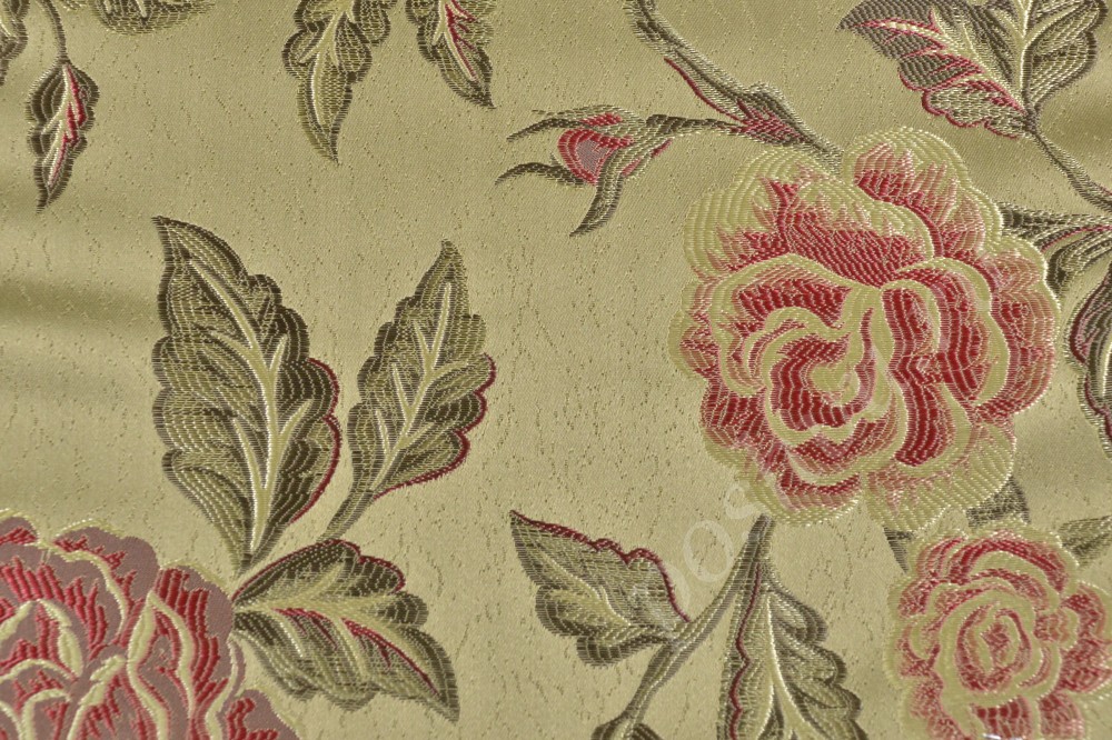 Ткань для мебели жаккард оливкового цвета с крупными розами