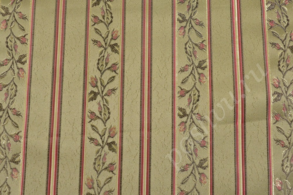 Ткань для мебели жаккард оливкового цвета с полосами и розами