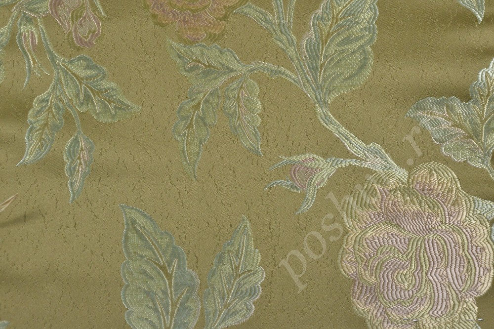 Ткань для мебели жаккард оливкового цвета с крупными розово-персиковыми розами