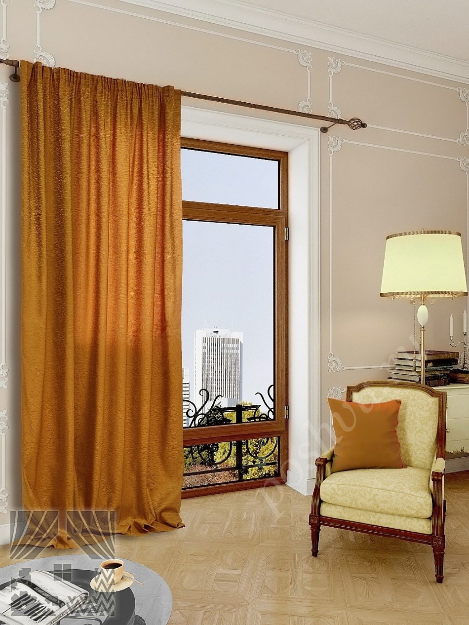 Роскошные фактурные портьеры золотистого цвета для гостиной или спальни