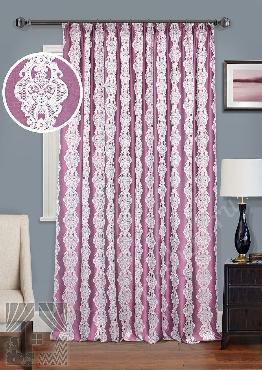 Шикарные портьеры насыщенного сиреневого цвета с кружевными полосами для гостиной или спальни