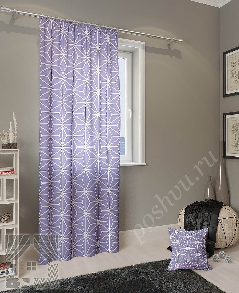 Стильные портьеры сиреневого цвета с белым геометрическим узором для гостиной или спальни