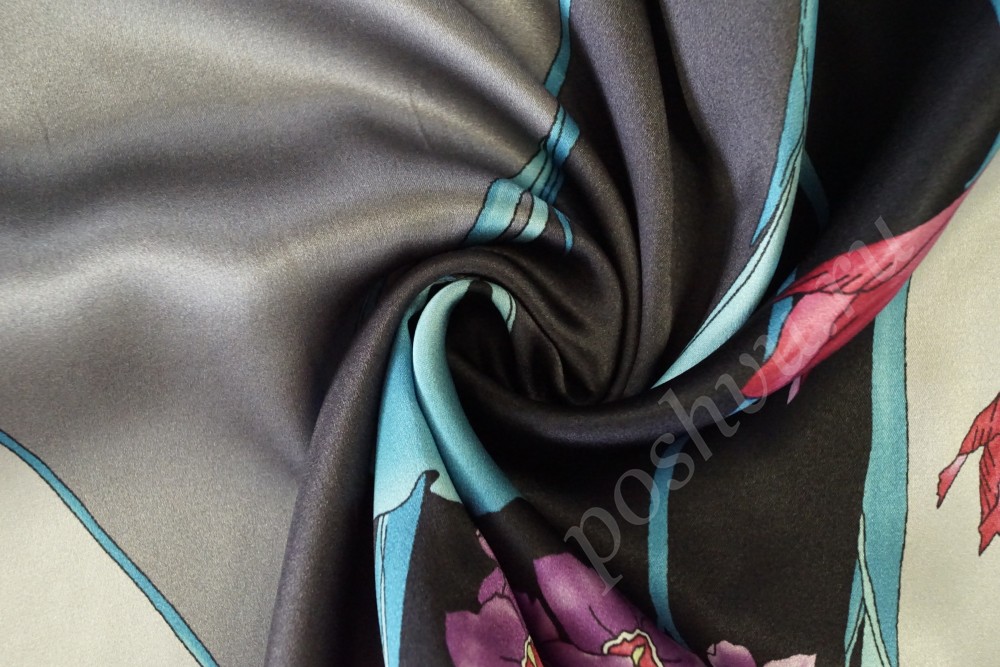 Ткань шифон серо-черного оттенка с цветочным рисунком