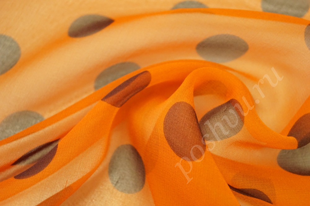 Ткань шелк оранжевого оттенка в горох