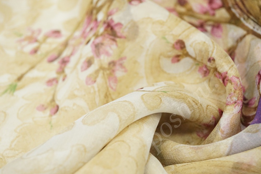 Ткань шелк жемчужного оттенка с цветочным узором
