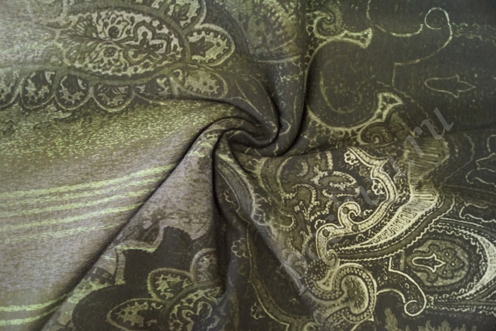 Ткань трикотаж серо-зеленого оттенка с орнаментом