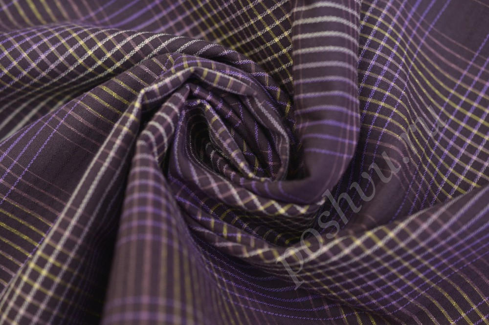 Ткань сорочечная пестротканная фиолетового оттенка в белую клетку
