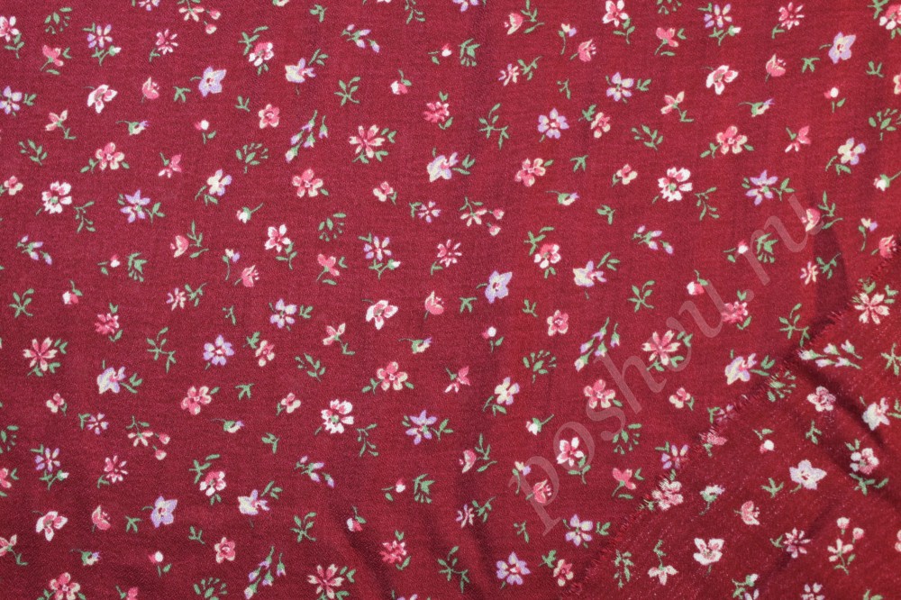 Штапельная ткань бордового цвета в мелкий цветочный узор