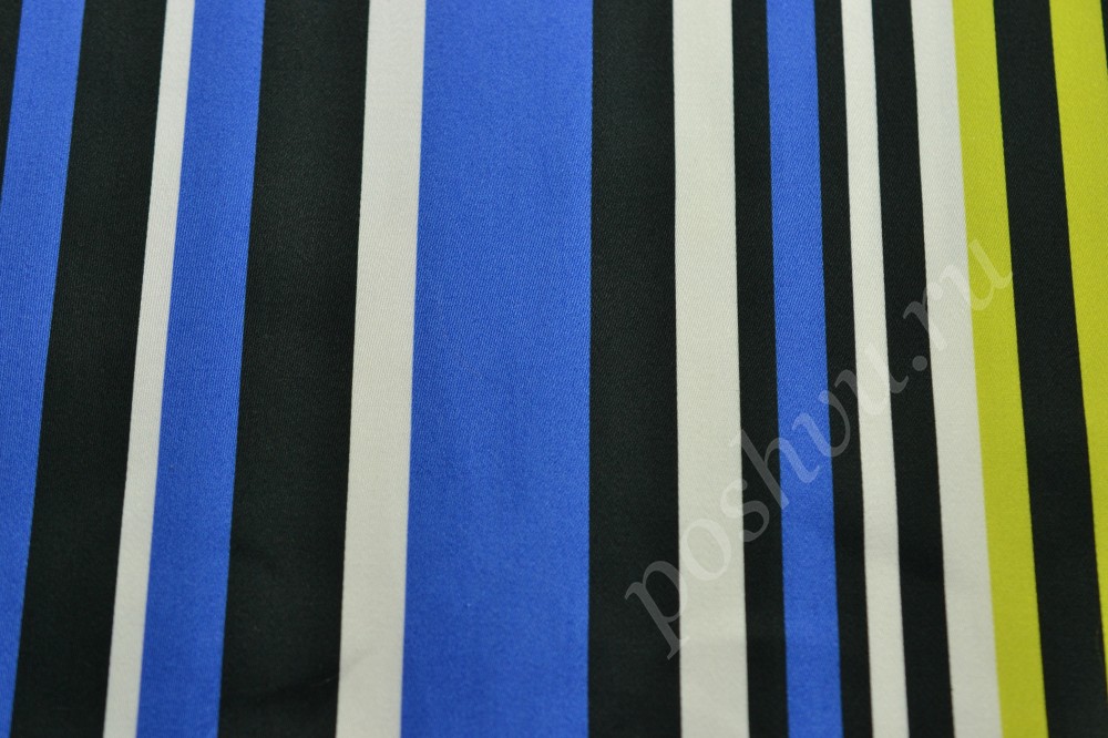 Ткань хлопковая джинса в полоску синего, черного, белого и салатового цвета