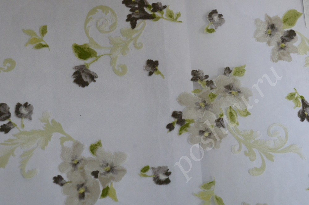 Ткань для штор органза белого цвета с серыми цветами
