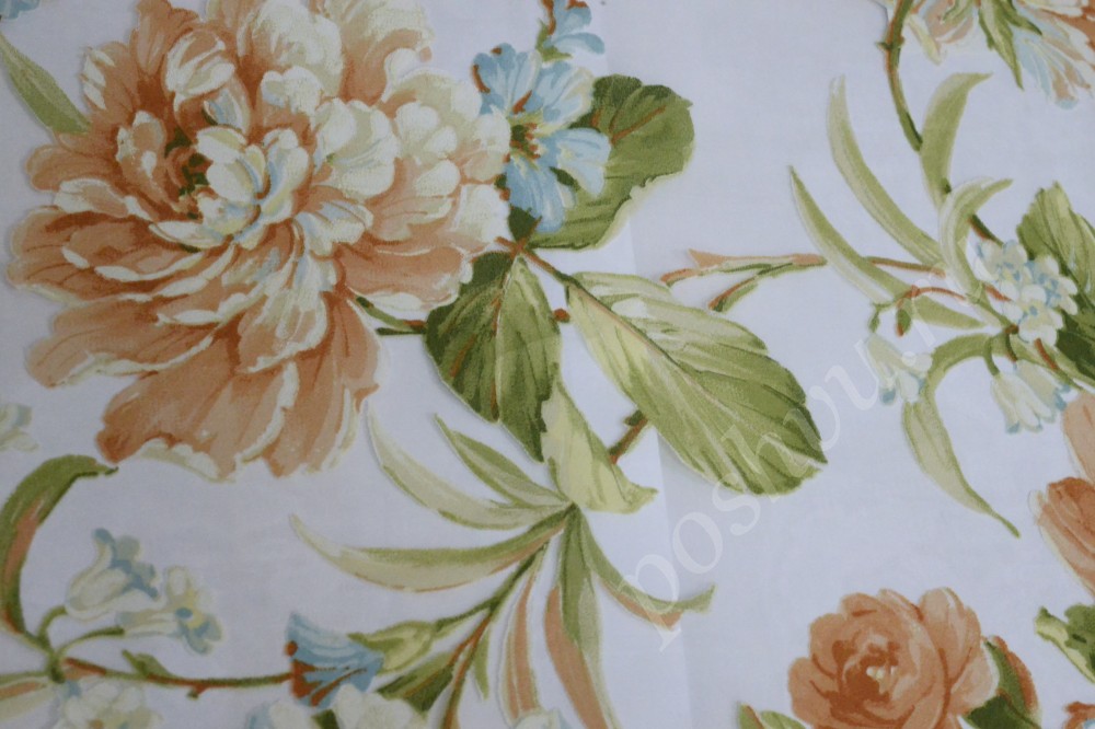 Ткань для штор органза белого цвета с персиковыми цветами