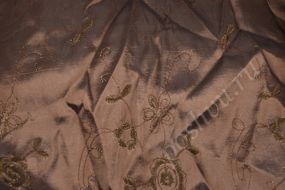 Ткань тафта медного оттенка с золотистой вышивкой