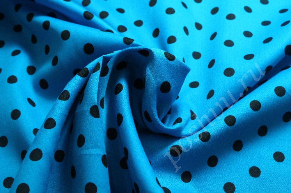 Ткань сорочечная бирюзового оттенка в черный горошек
