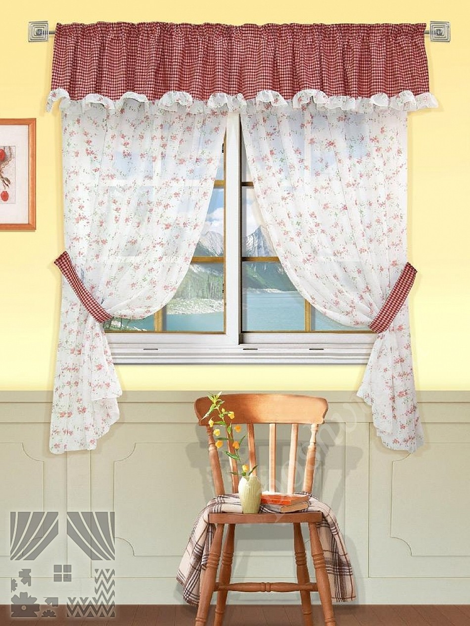 Комплект штор из вуали с мелким цветочным принтом бордового цвета
