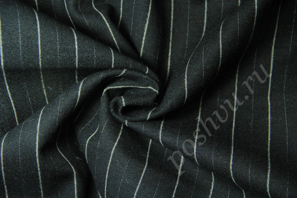 Ткань костюмная шерстяная темно-синего оттенка в светлую полоску