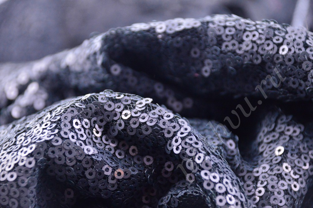 Ткань блестящая сетка усыпана пайетками черного цвета