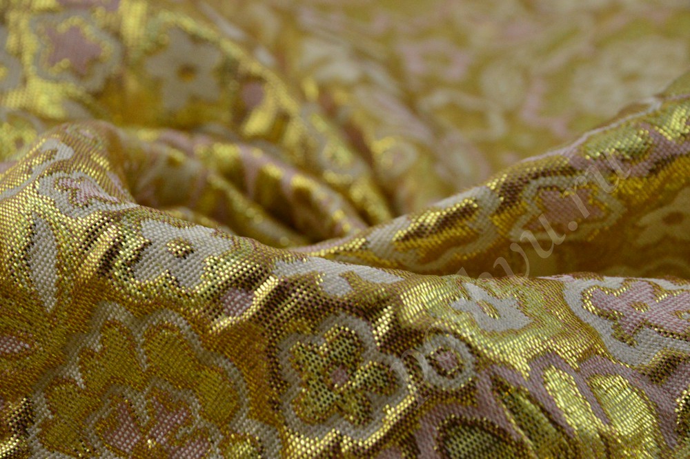 Ткань изысканная парча золотистого цвета с цветочным узором