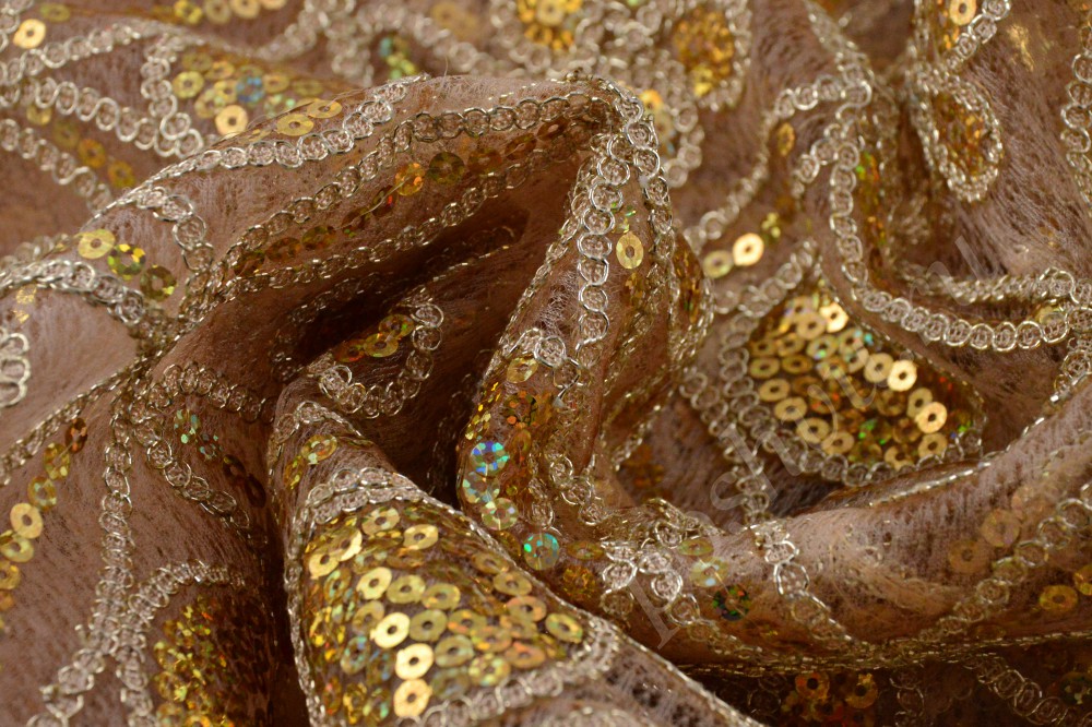 Ткань изысканная сетка с цветочным узором из пайеток золотистого и бежевого цвета
