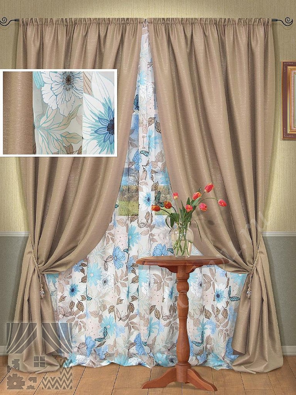 Комплект готовых штор и оригинального тюля с цветочным узором для гостиной или спальни