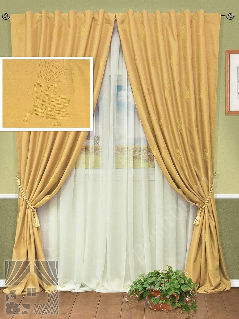 Красивый комплект готовых штор желтого цвета с цветочным принтом и тюлем для гостиной или спальни