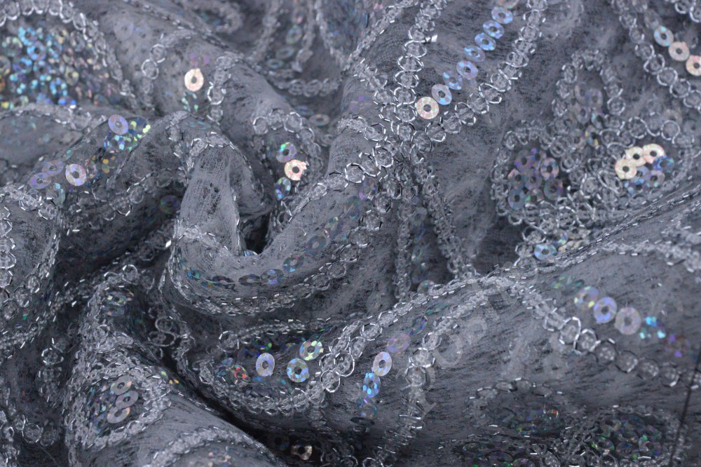 Ткань потрясающая сетка серого цвета с геометрическим узором из пайеток