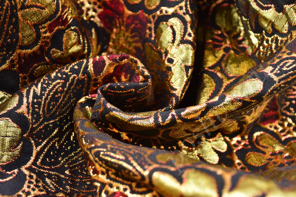 Ткань роскошная парча с цветочным узором золотистого, черного с бордового оттенков