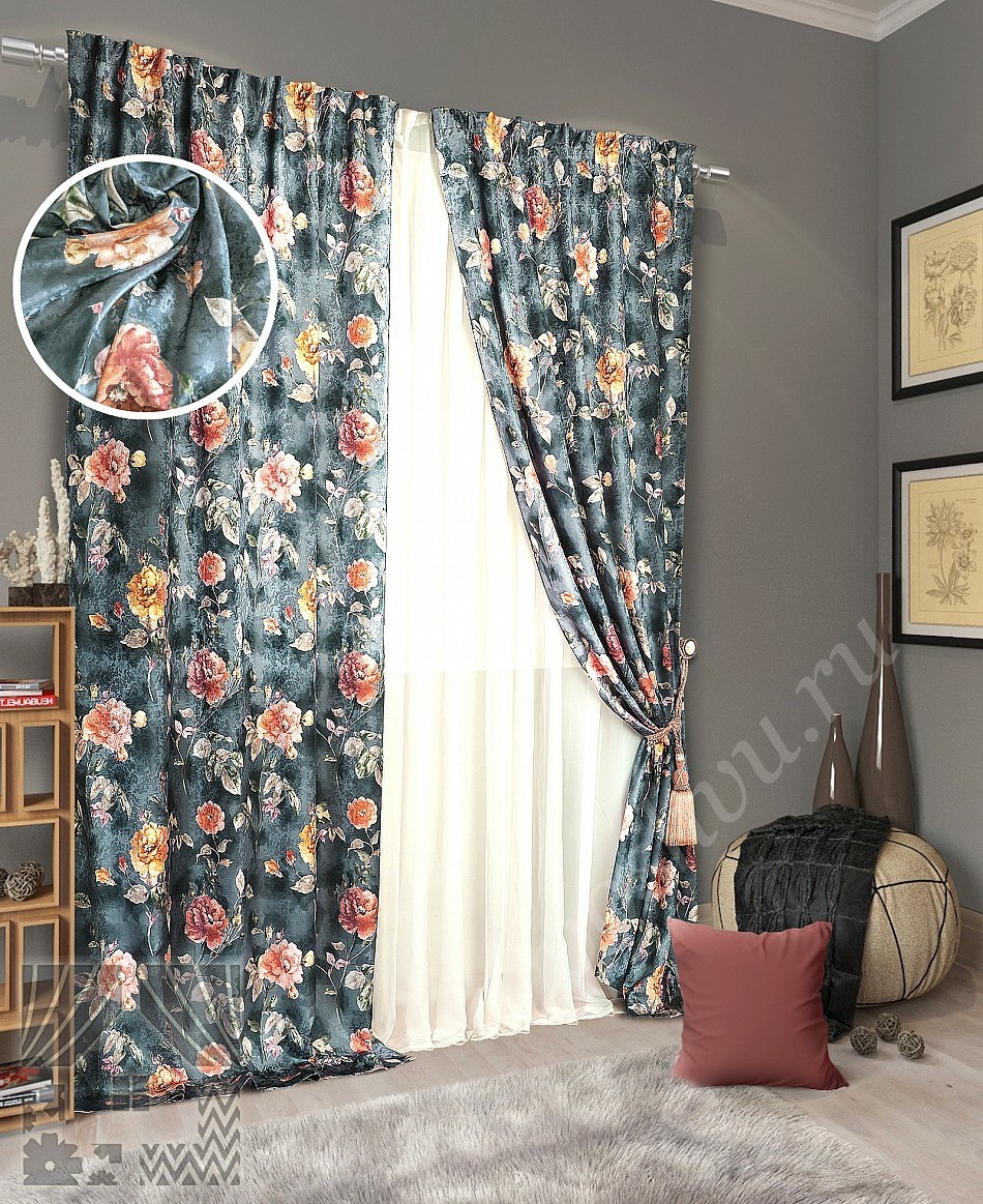 Роскошный комплект готовых штор с флористическим рисунком и тюлем для гостиной или спальни