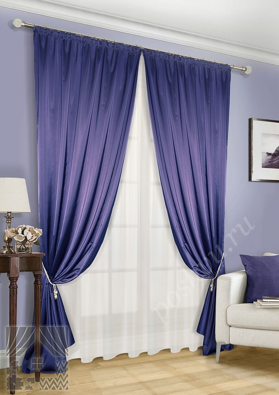 Роскошный комплект готовых штор синего цвета с тюлем в комплекте для гостиной или спальни