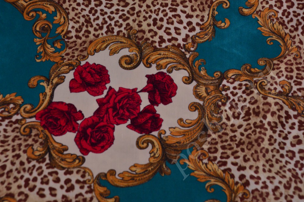 Ткань шикарный брендовый шелк дымчатого бирюзового цвета с леопардовым и цветочным узорами