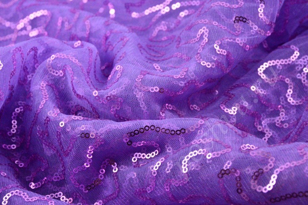 Ткань стильная сетка лилового цвета с хаотичным узором из пайеток