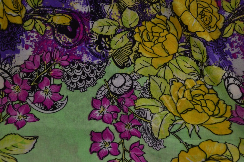 Оригинальная штапельная ткань с ярким цветочным принтом