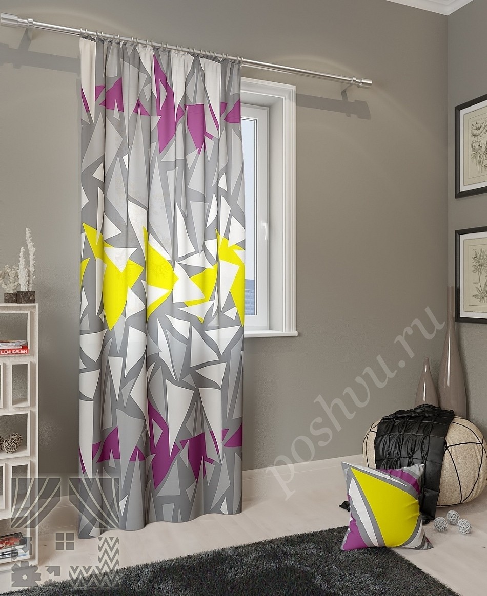 Креативные портьеры с ярким геометрическим принтом для гостиной или офиса