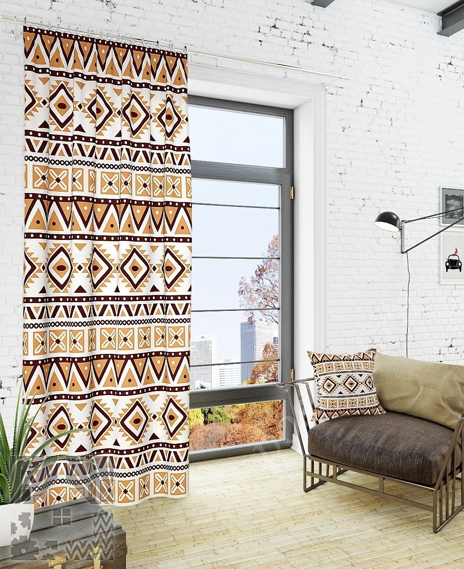 Стильные портьеры с геометрическим орнаментом в коричневых тонах для гостиной или спальни