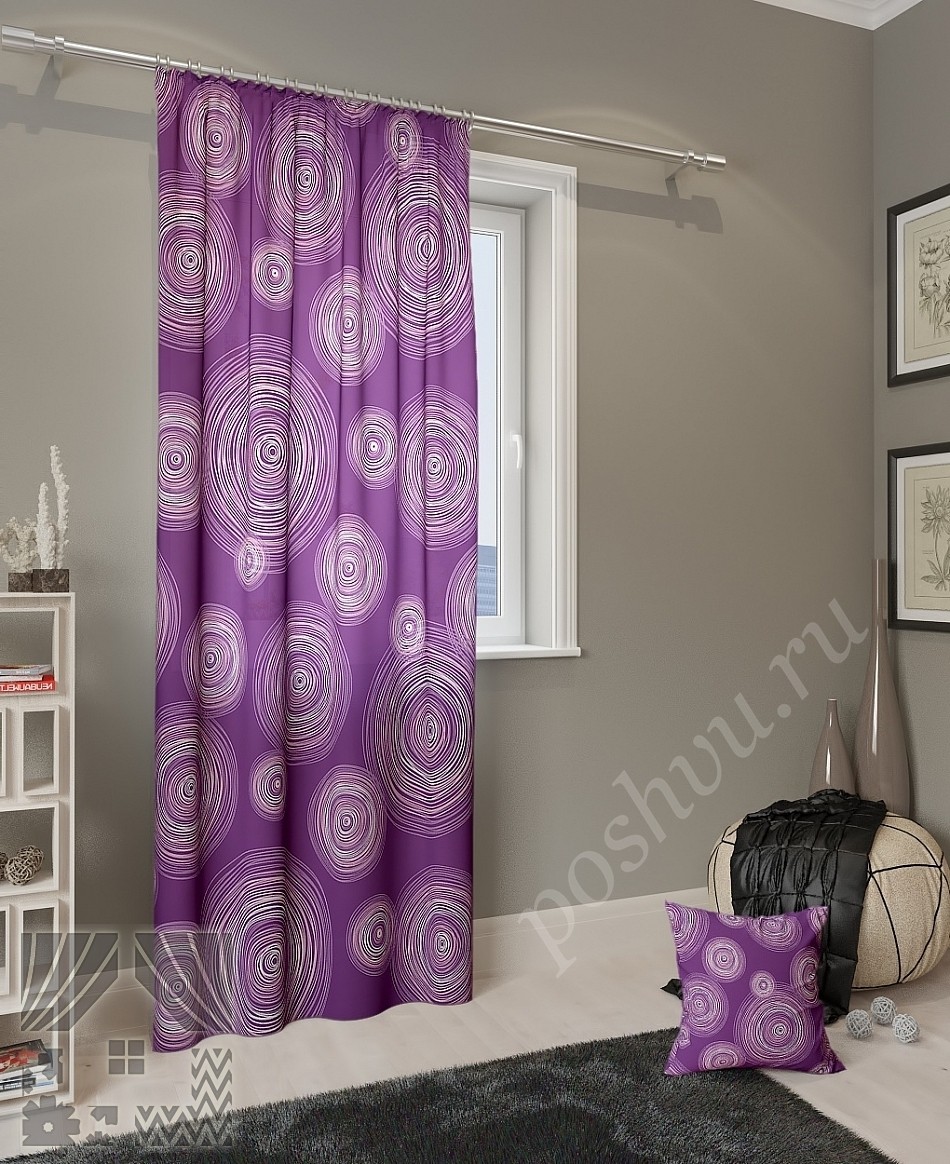 Стильные портьеры фиолетового цвета с интересным геометрическим узором для гостиной или спальни