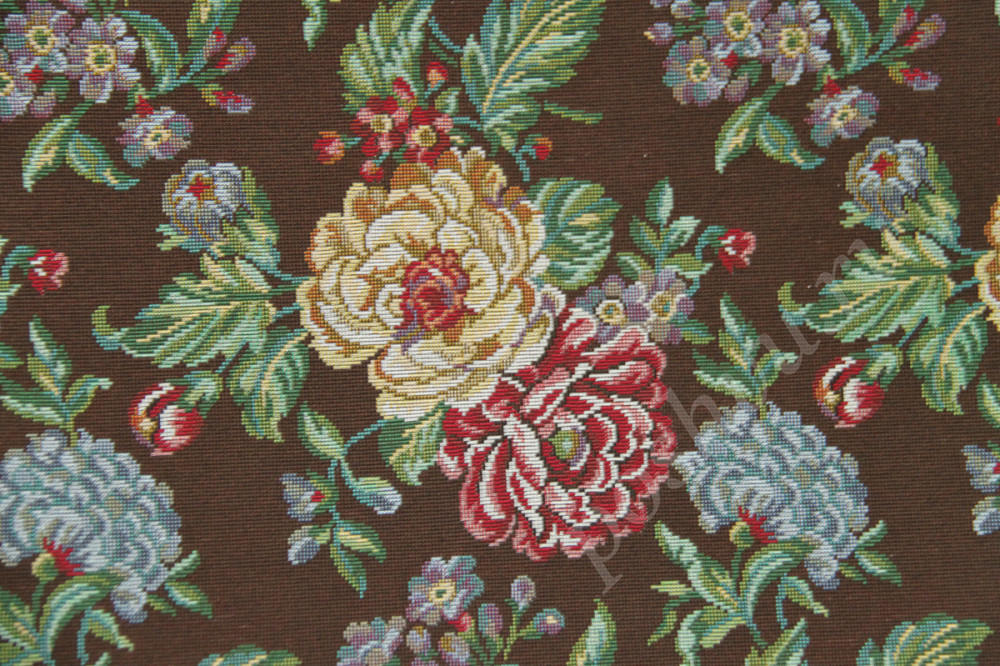 Мебельная ткань гобелен GENIL крупные цветы на коричневом фоне