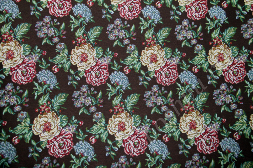 Мебельная ткань гобелен GENIL мелкие цветы на коричневом фоне