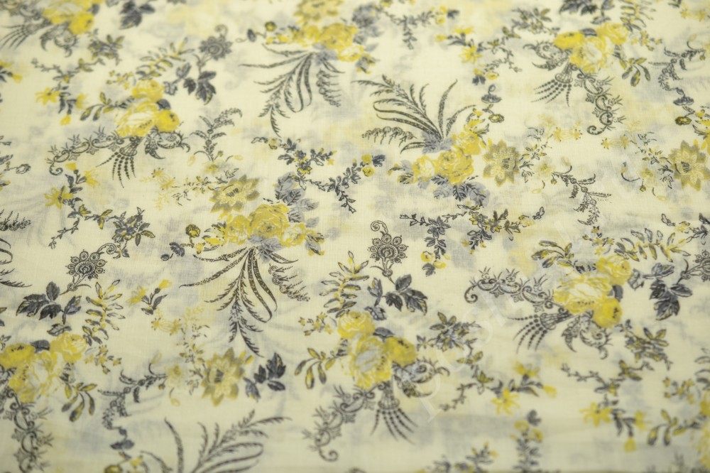 Ткань хлопок плательный кремового цвета в флористический узор серого и желтого оттенков