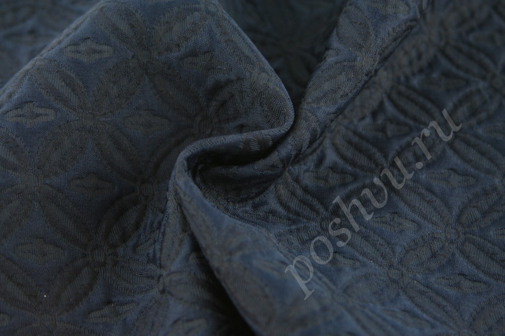 Ткань плотный тёмно-синий жаккард с цветочным узором