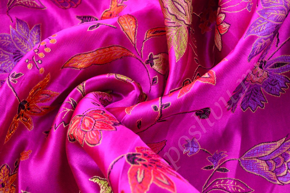 Ткань божественный китайский шелк стального розового оттенка с цветами