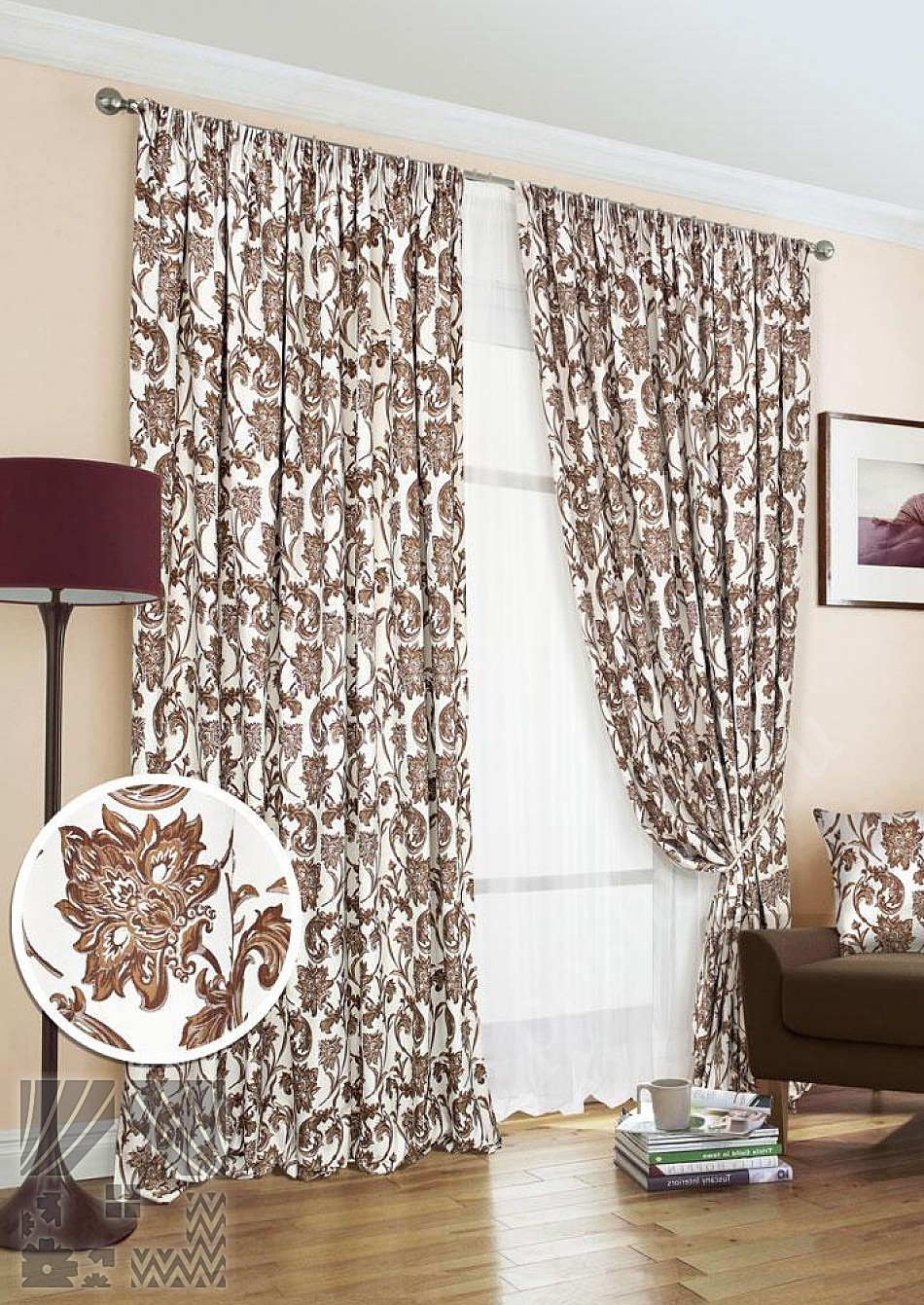Элегантный комплект готовых штор с флористическим узором коричневого цвета для гостиной или спальни
