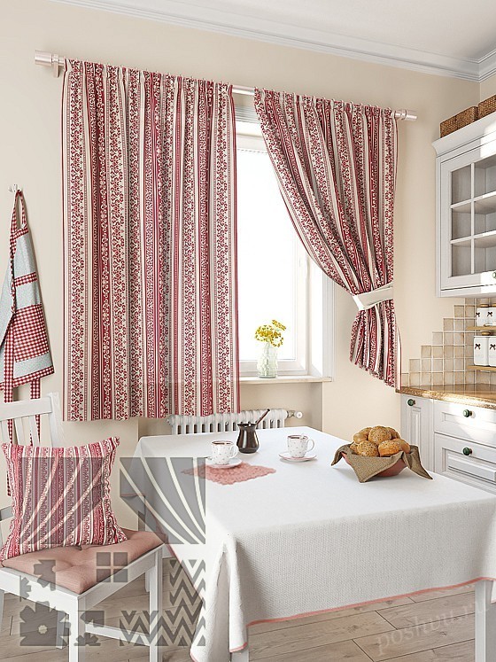 Изысканный комплект готовых штор в бело-бордовых тонах с мелким орнаментом для кухни