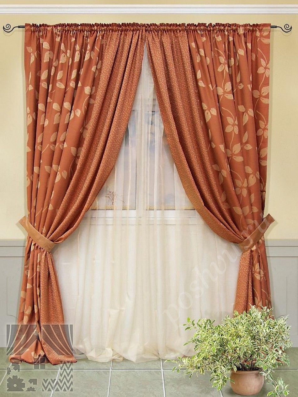 Комплект готовых штор терракотового цвета с флористическим принтом и тюль для гостиной или спальни