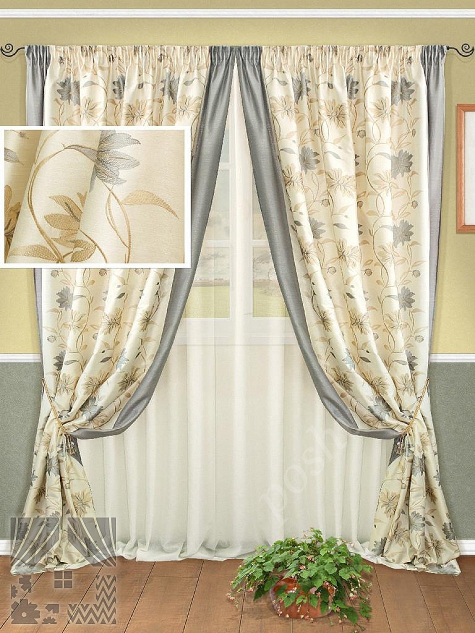 Оригинальный комплект готовых штор в с флористическим рисунком и тюлем для спальни или гостиной