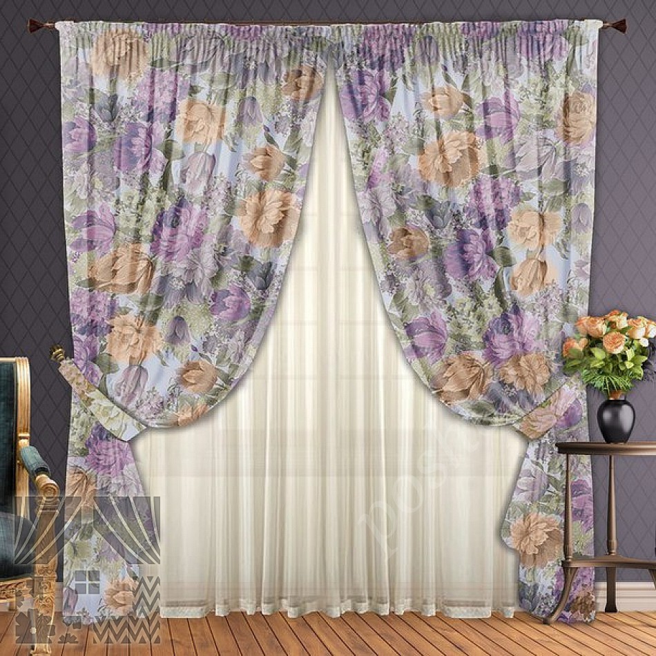Романтичный комплект готовых штор с флористическим рисунком и тюлем для гостиной