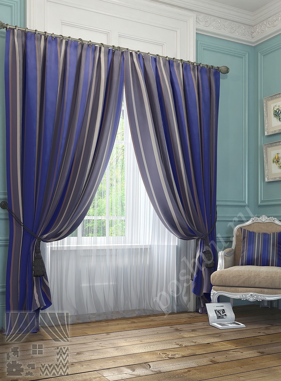 Стильный комплект готовых штор в серо-синих тонах с тюлем для спальни или гостиной